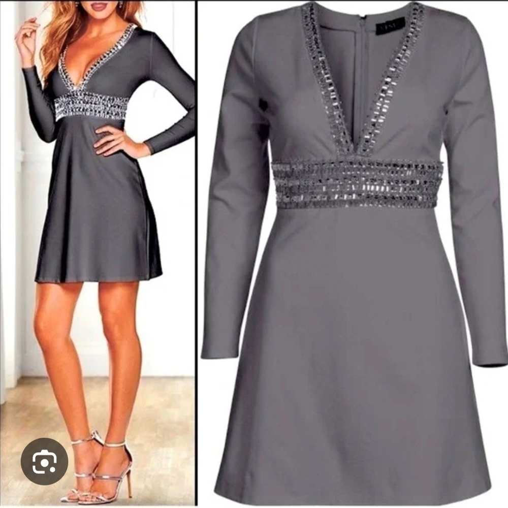 VENUS NWT Dress 8 Gray Long Sleeve Plunge Babydoll - Picture 2 of 10